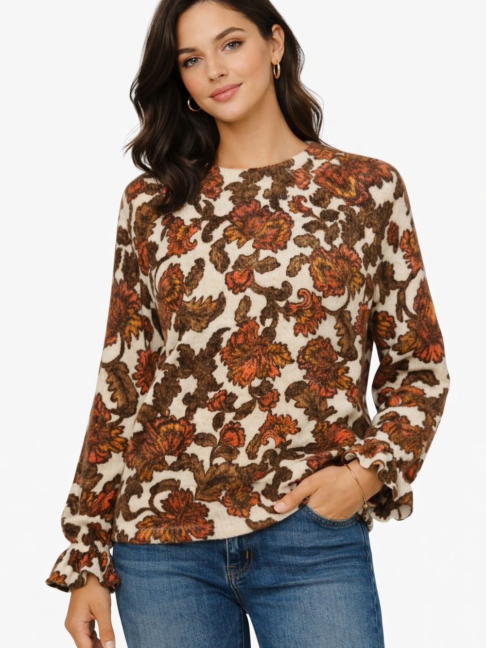 NWT Democracy® Floral Crewneck Sweater with Ruffle wrists Size XL